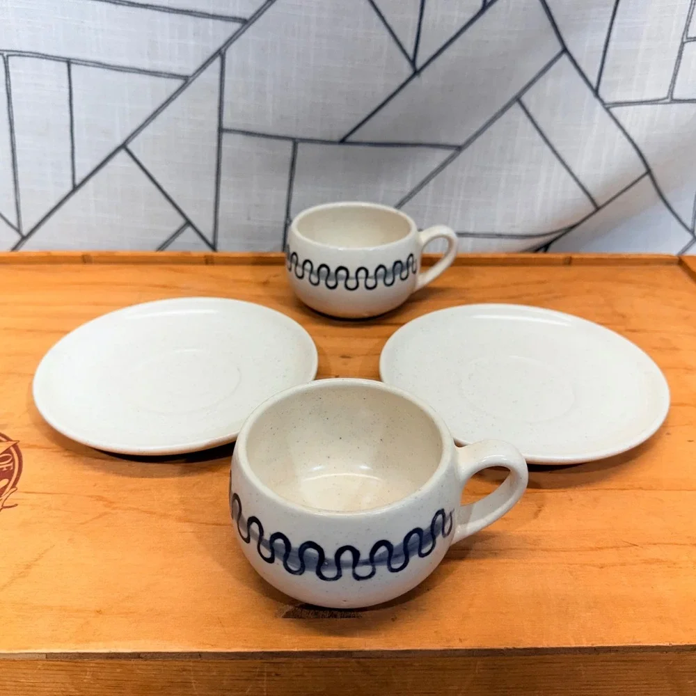 Vintage Poppytrail by Metlox Blue Wavy Squiggle Cup and Saucer Set of 2‎ CHIPPED